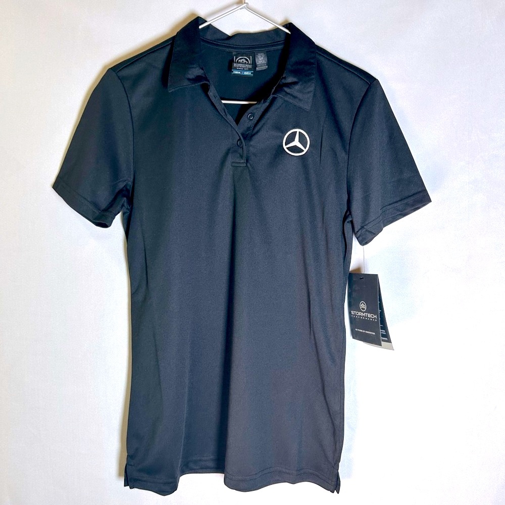NWT Women’s Black Sportech Polo Shirt W. Mercedes Crest on Chest. Size S